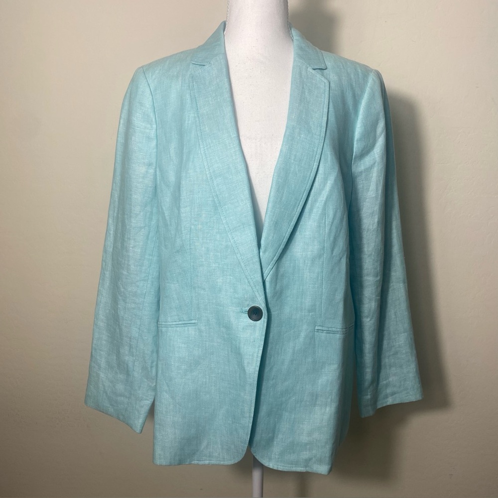 Talbots Light Aqua Single-Button Linen Blend Blazer Size 14. NWT